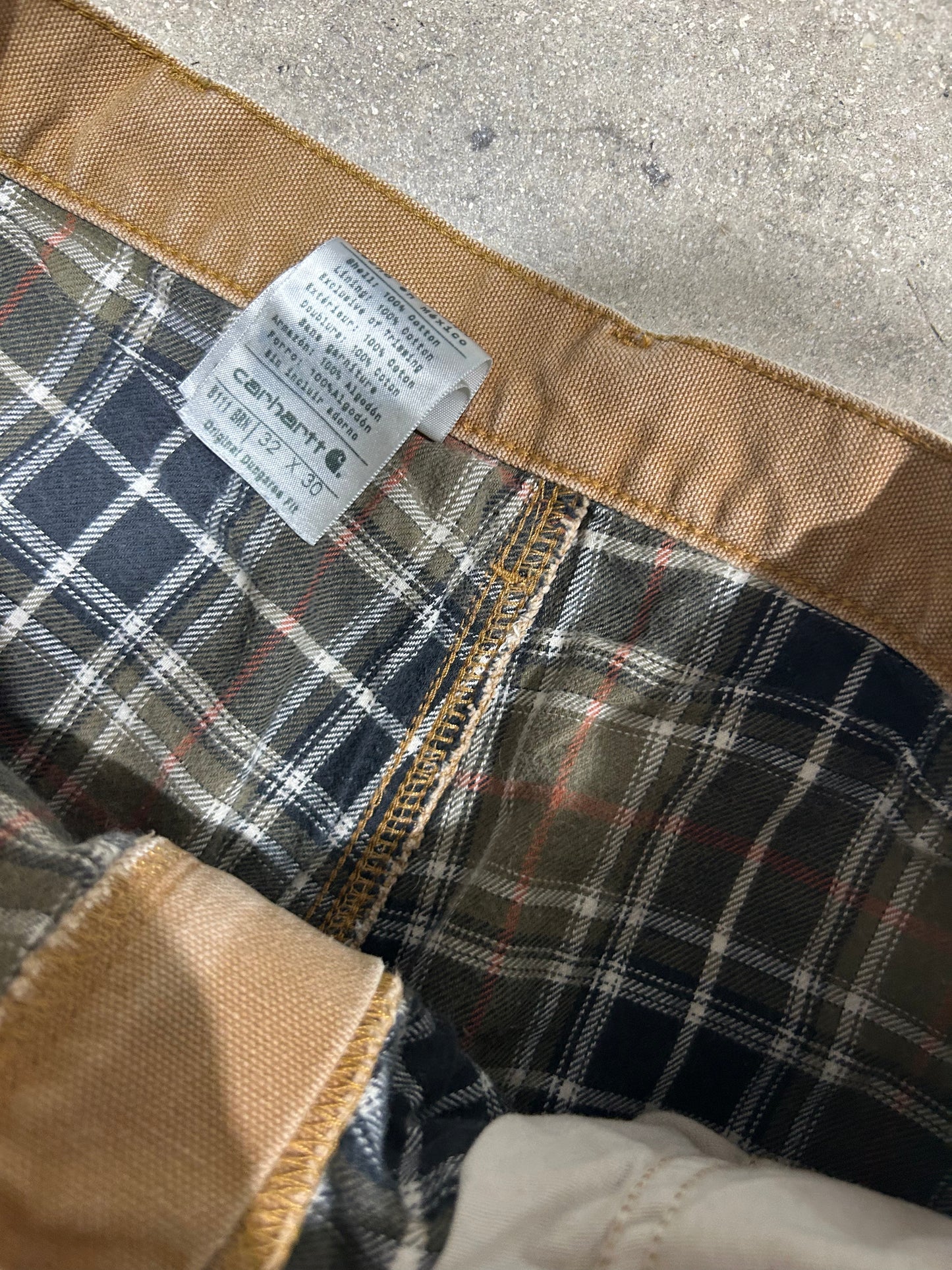 Distressed Carhartt Plaid Liner Carpenter Pants - Dark Khaki Size 32x30