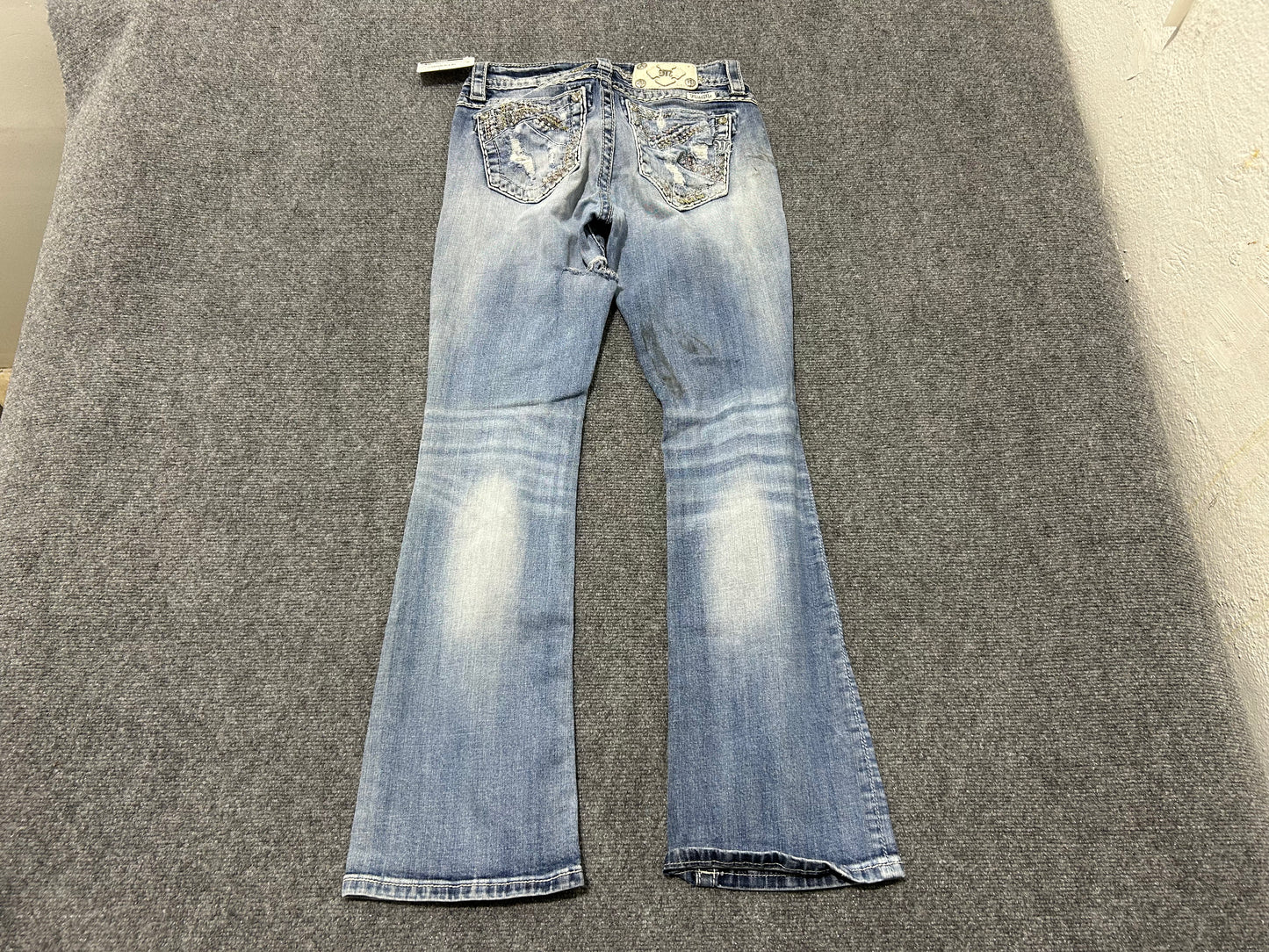 Miss Me Distressed Bedazzled Pockets Bootcut Jeans - Light Blue Size 27
