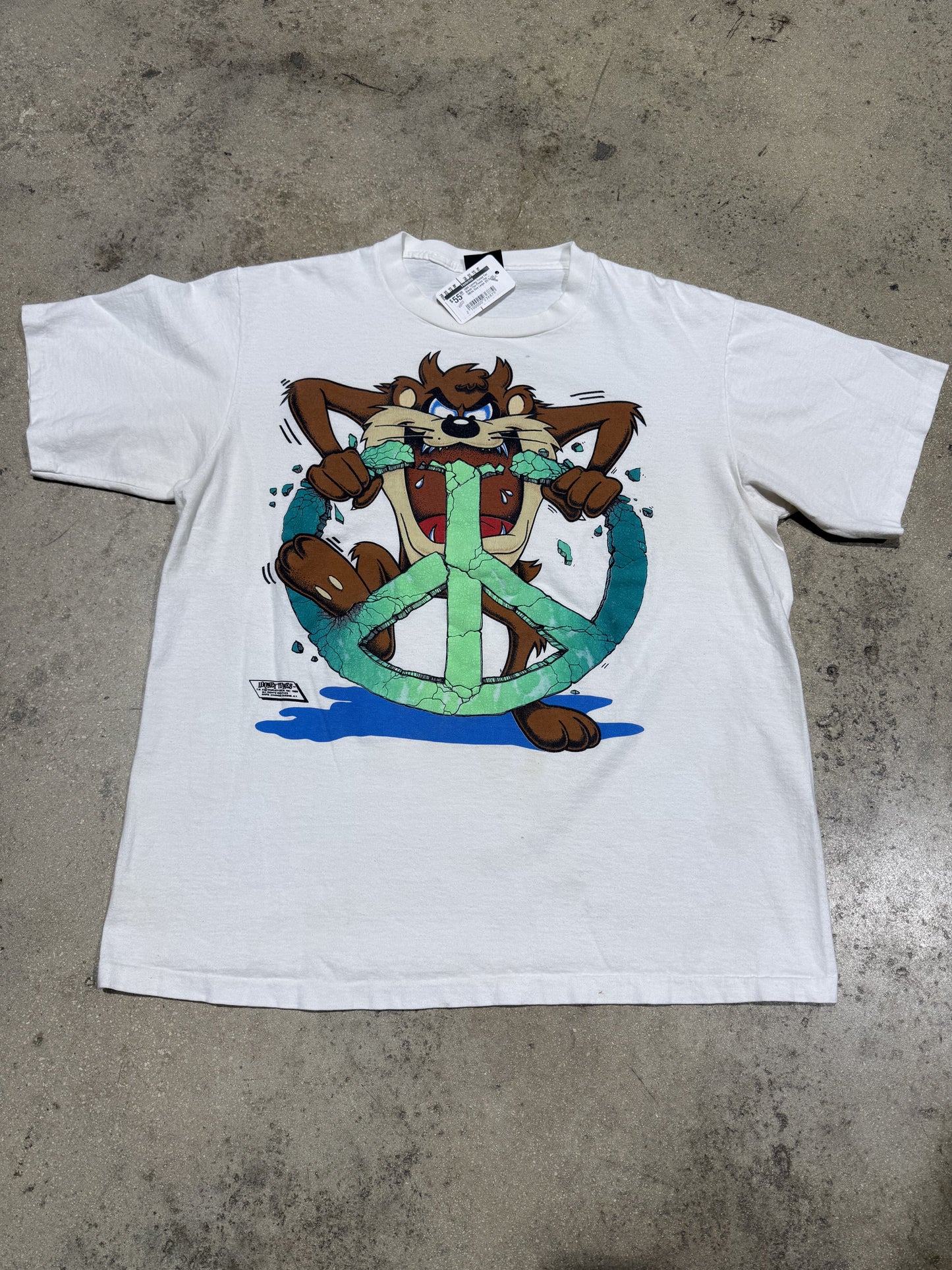 1989 Looney Tunes Taz Break The Peace Tee - White Size Large