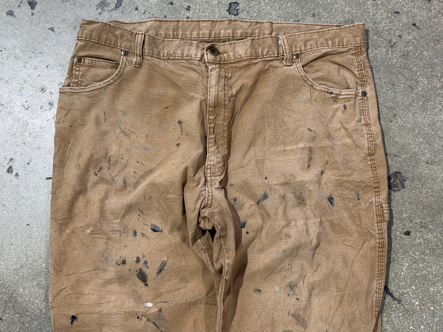 Distressed Dickies Carpenter Pants - Golden Khaki/Paint Splatter Size 38x32