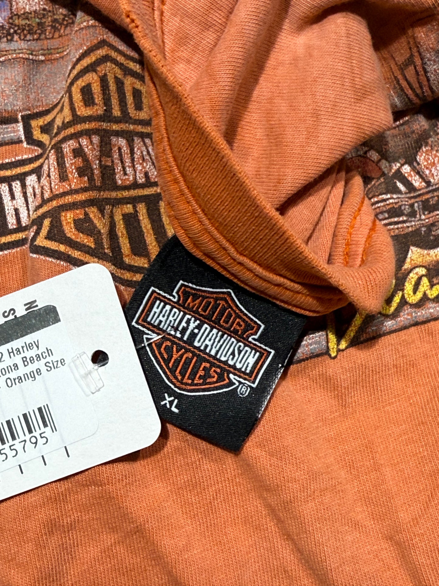 Distressed 2002 Harley Davidson Daytona Beach Pocket Tee - Orange Size XL