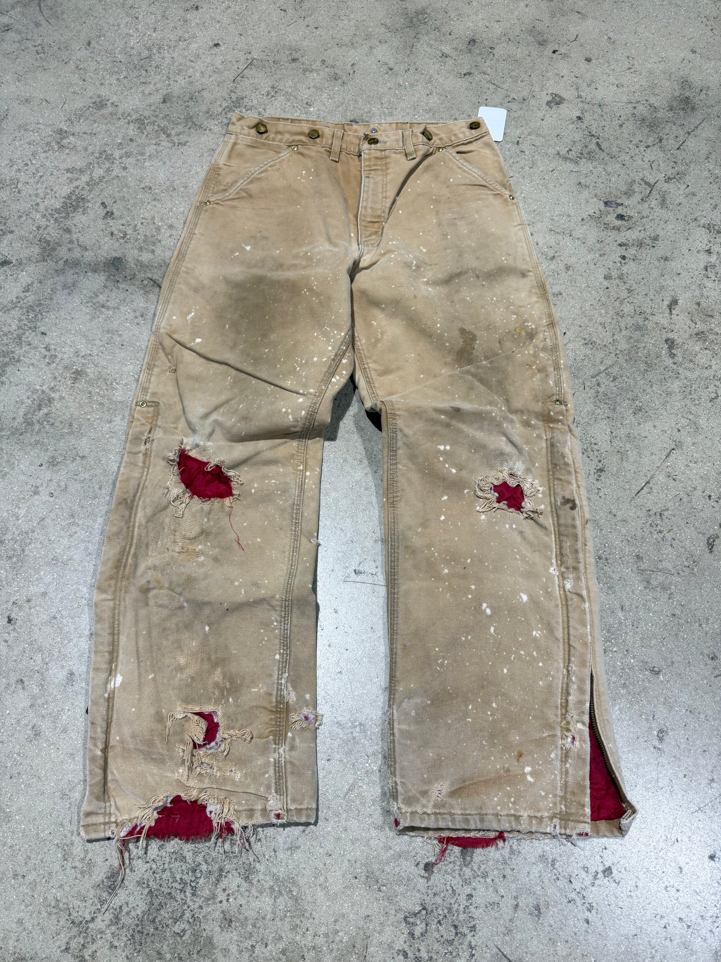 Distressed Carhartt Nylon Liner Carpenter Pants - Faded Khaki Size 34x32