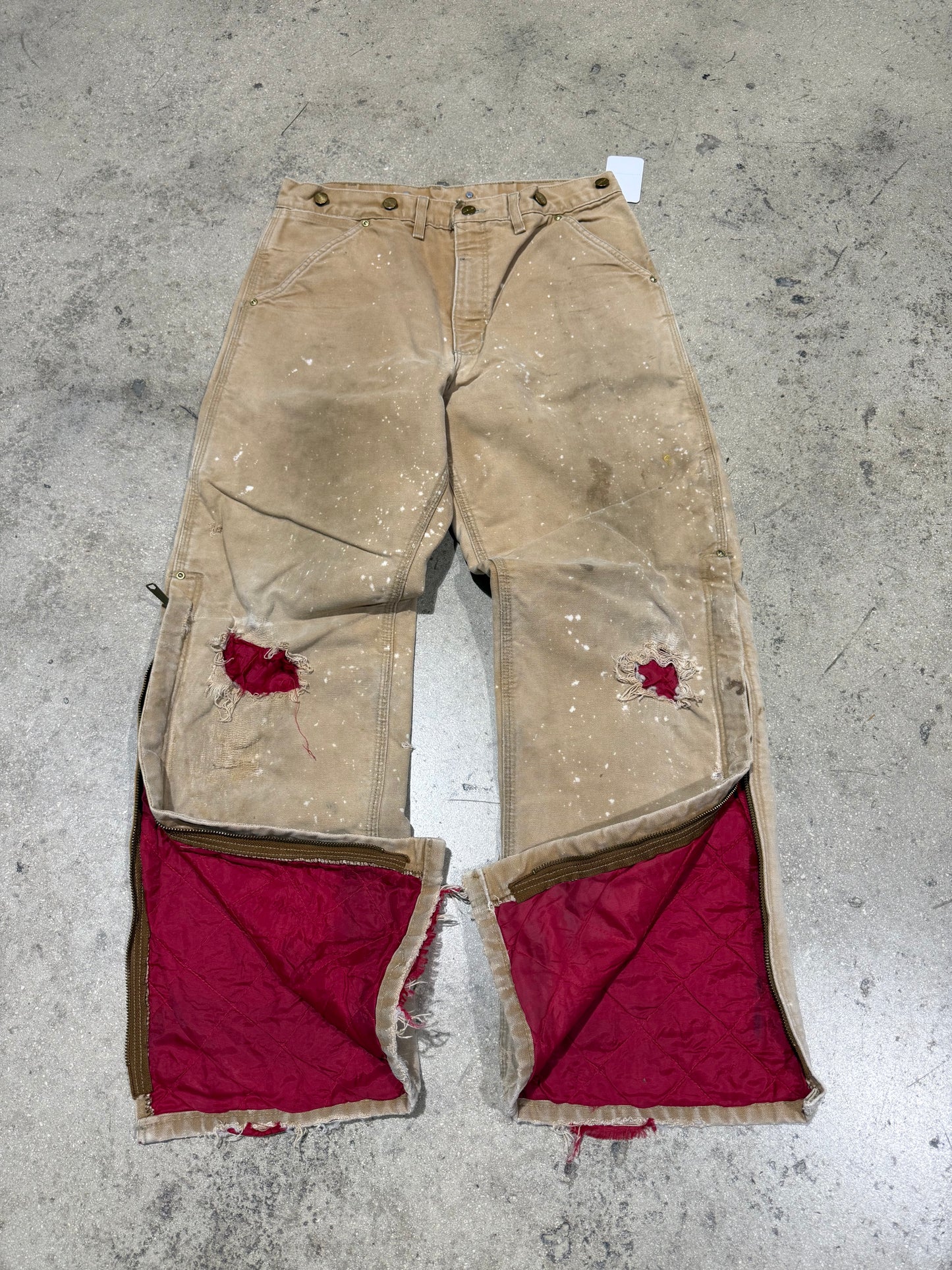 Distressed Carhartt Nylon Liner Carpenter Pants - Faded Khaki Size 34x32