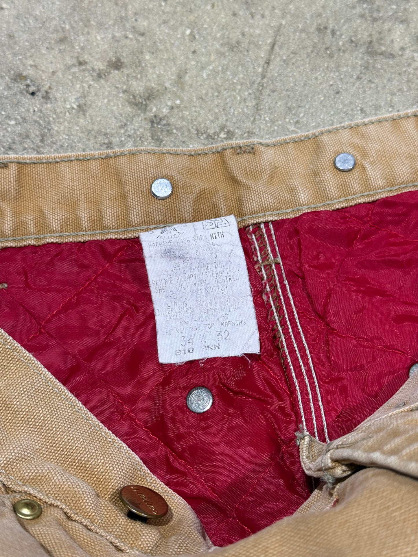 Distressed Carhartt Nylon Liner Carpenter Pants - Faded Khaki Size 34x32