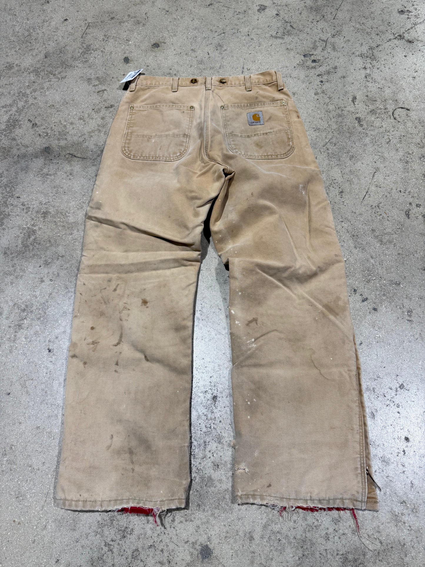 Distressed Carhartt Nylon Liner Carpenter Pants - Faded Khaki Size 34x32