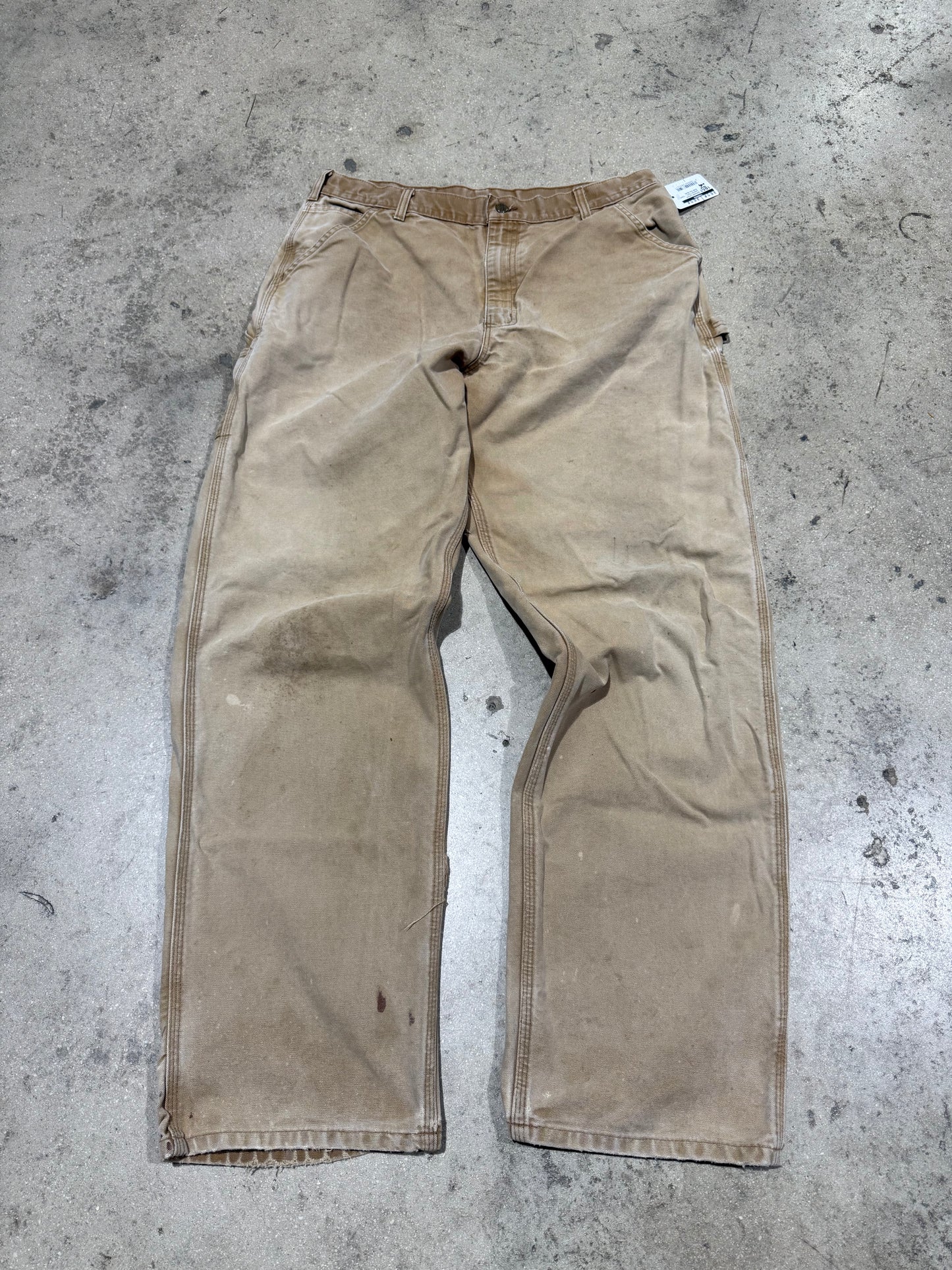 Distressed Carhartt Carpenter Pants - Faded Khaki Size 38x36