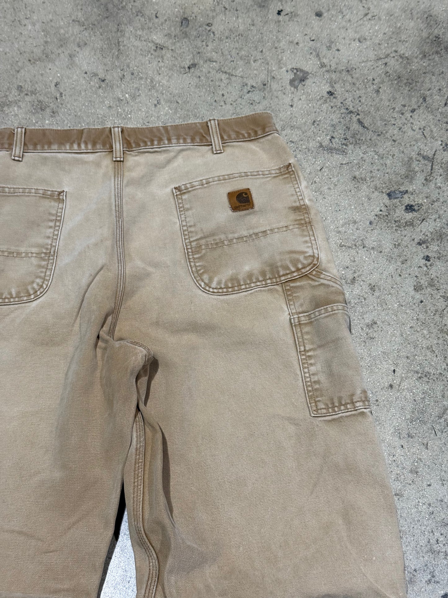 Distressed Carhartt Carpenter Pants - Faded Khaki Size 38x36