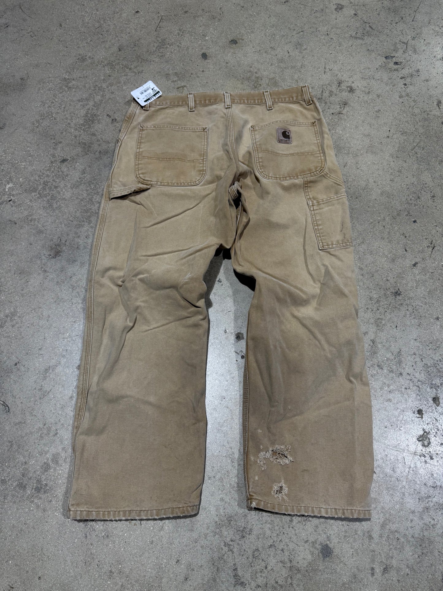 Distressed Carhartt Carpenter Pants - Faded Khaki Size 36x30
