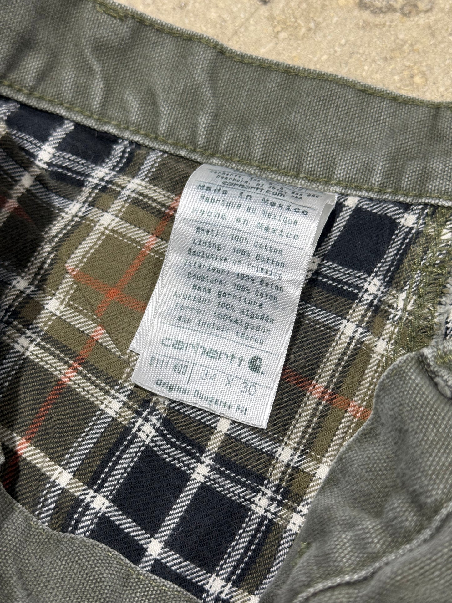 Distressed Carhartt Plaid Liner Carpenter Pants - Olive Size 34x30