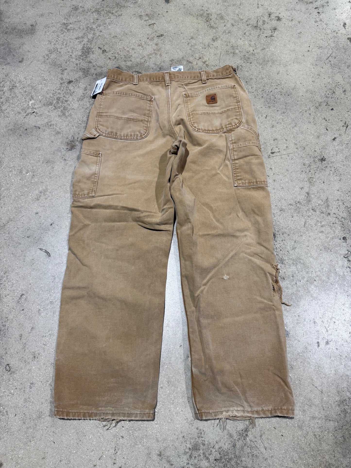 Distressed Carhartt Carpenter Pants - Faded Dark Khaki Size 34x32