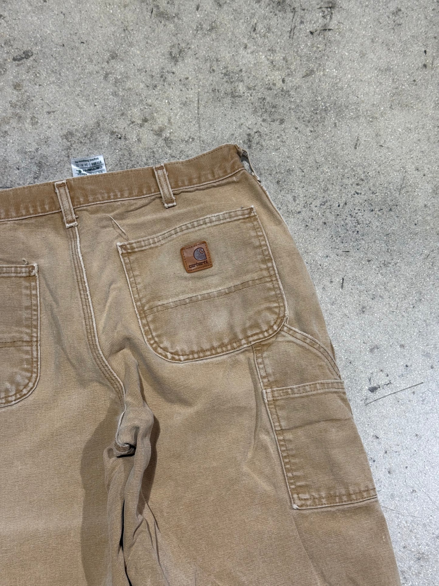 Distressed Carhartt Carpenter Pants - Faded Dark Khaki Size 34x32