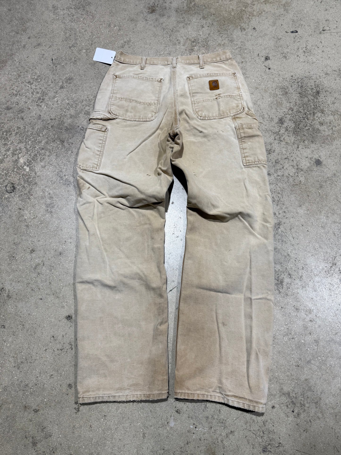 Distressed Carhartt Carpenter Pants - Faded Khaki Size 32x34