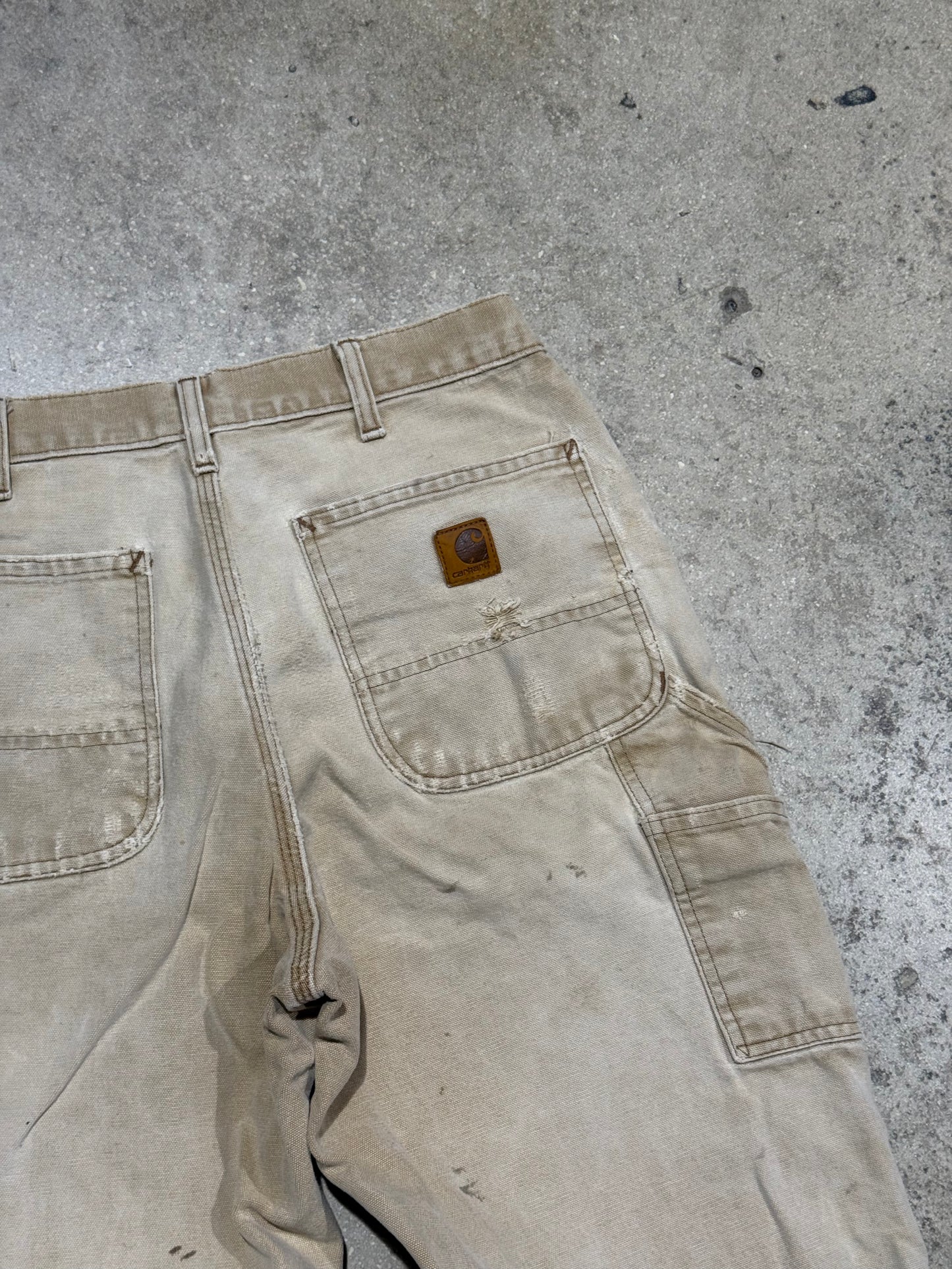 Distressed Carhartt Carpenter Pants - Faded Khaki Size 32x34