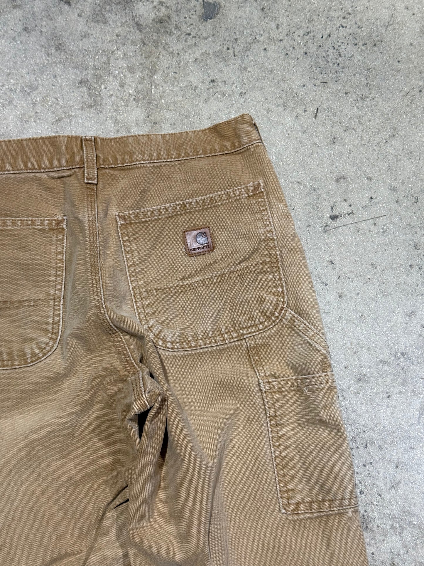 Distressed Carhartt Carpenter Pants - Faded Dark Khaki Size 31x32