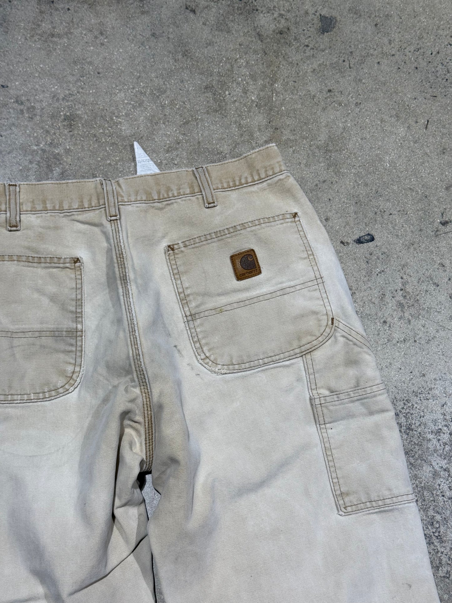 Distressed Carhartt Carpenter Pants - Faded Khaki Size 32x30
