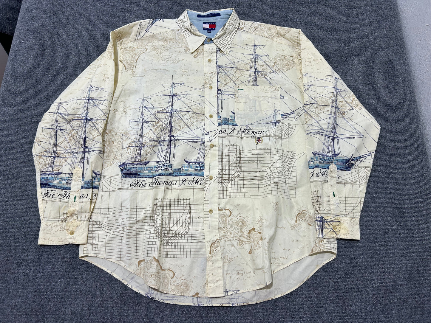 Tommy Hilfiger Nautical Chart Ship AOP Button Up Shirt - Cream Size XL