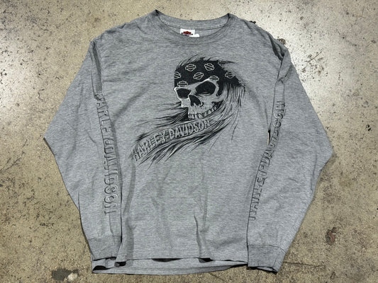 2010 Harley Davidson Bandana Skull Longsleeve Tee - Grey Size Large