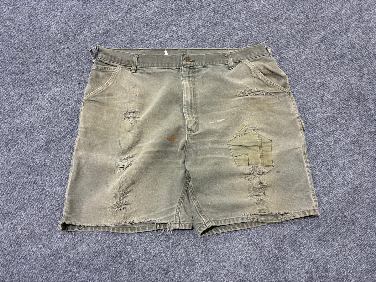 Distressed Thrased Reworked Carhartt Carpenter Shorts - Faded Olive Size 40