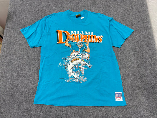 1988 Nutmeg Miami Dolphins Caricature Tee - Teal Size XL