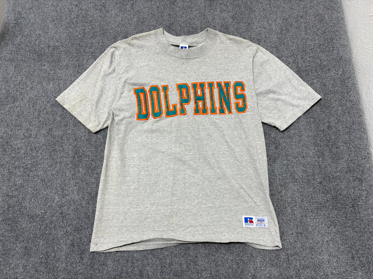 Miami Dolphins Embroidered Spell Out Tee - Grey Size Medium