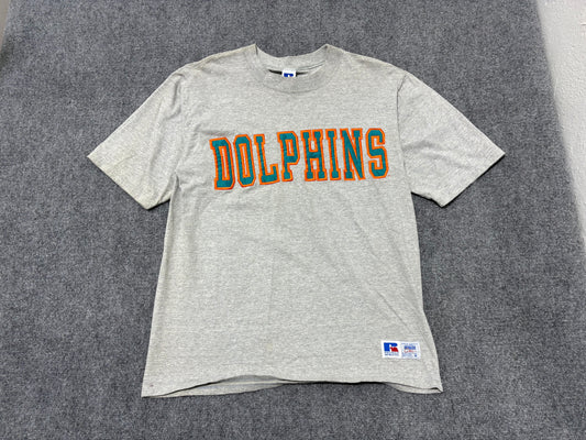 Miami Dolphins Embroidered Spell Out Tee - Grey Size Medium