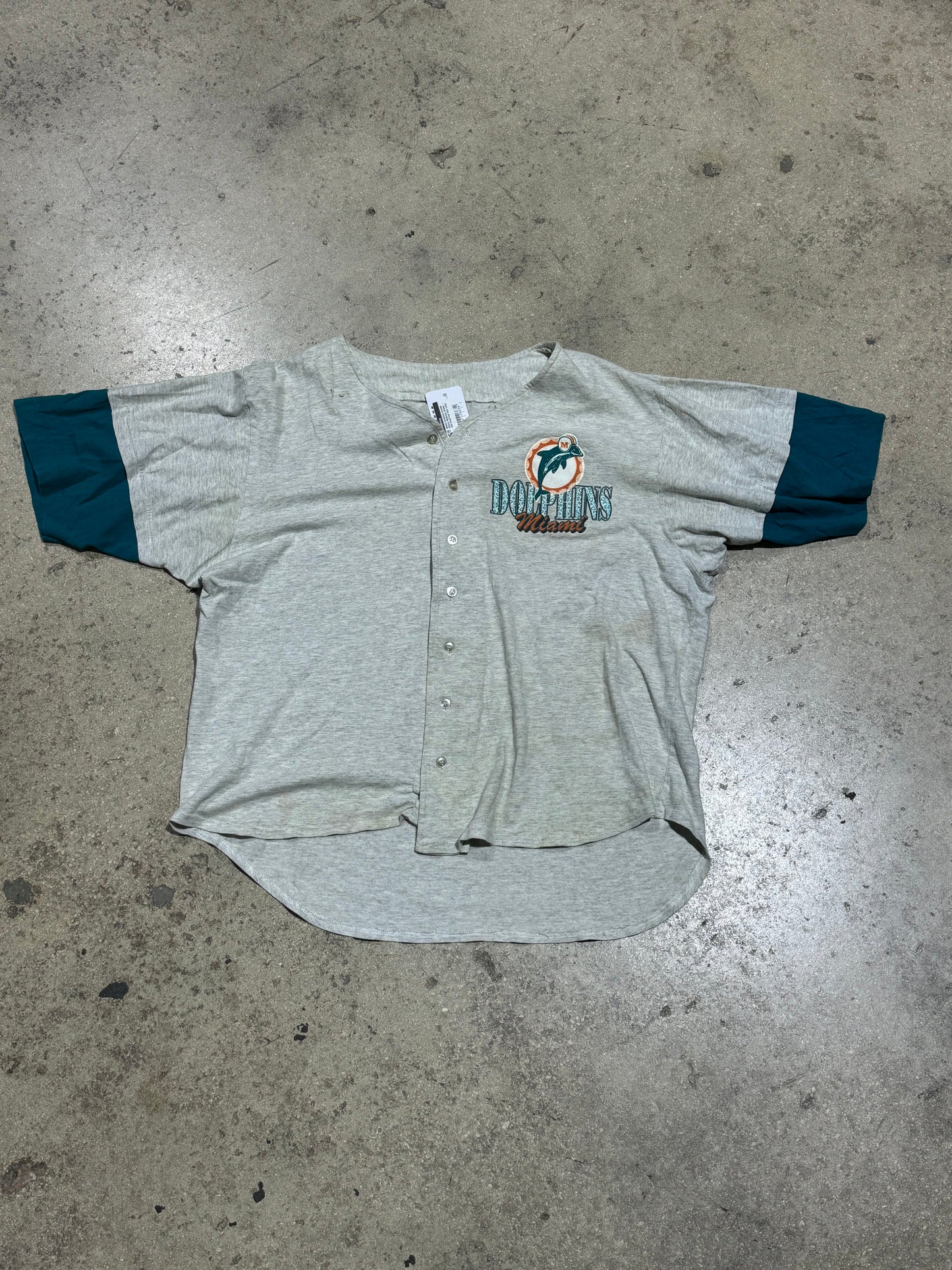 Miami Dolphins Double Sleeve Baseball Jersey - Ash Grey/Teal Size Large