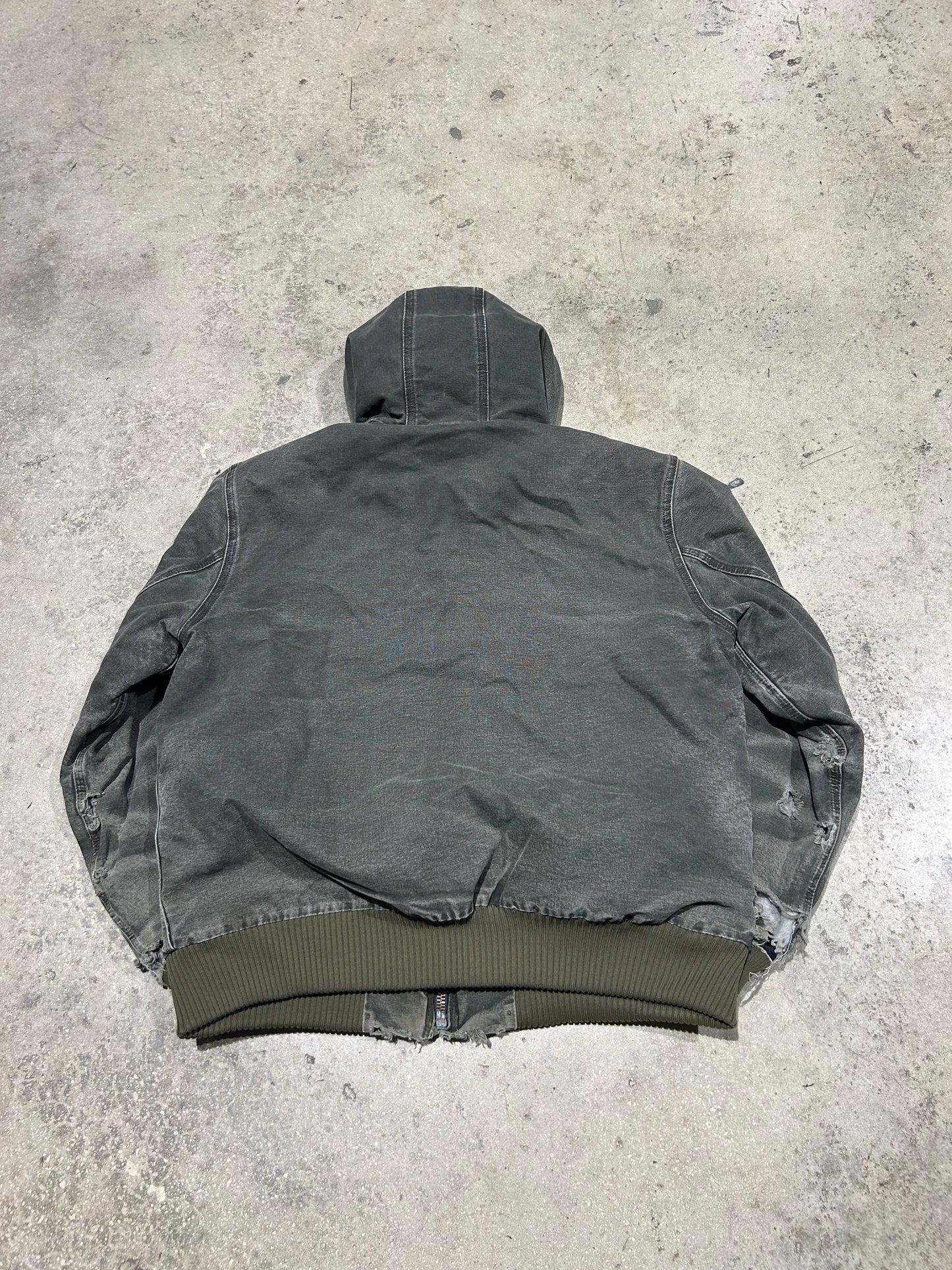 Distressed/Thrashed Carhartt Hooded Jacket - Faded Olive Size Large
