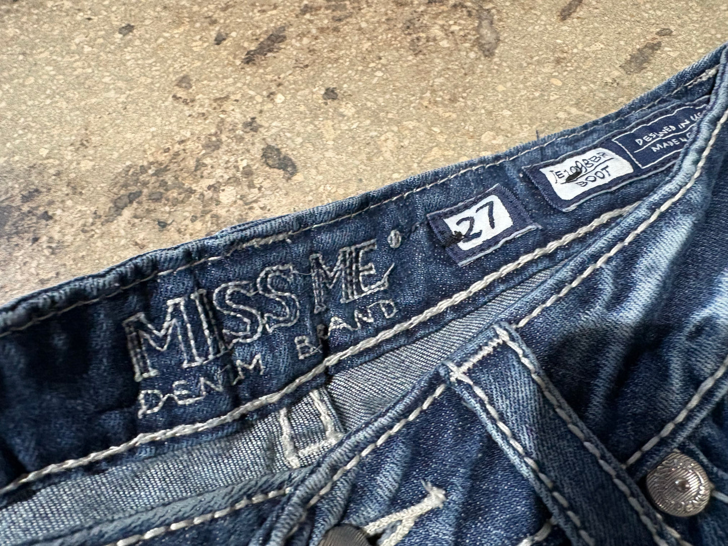 Miss Me Distressed Embroidered Pockets Bootcut Jeans - Blue Size 27
