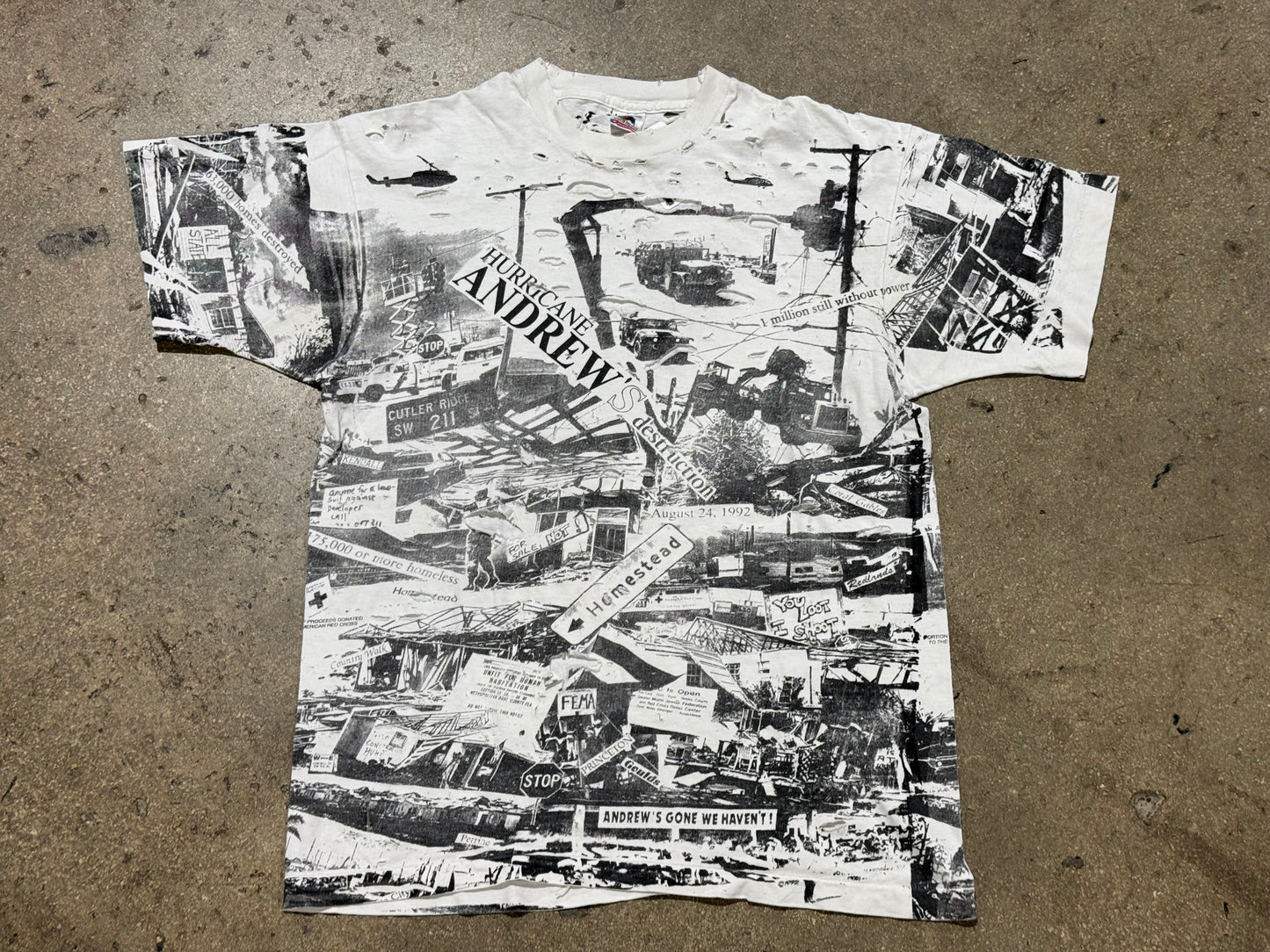 Distressed 1992 Hurricane Andrew AOP Tee Size Large