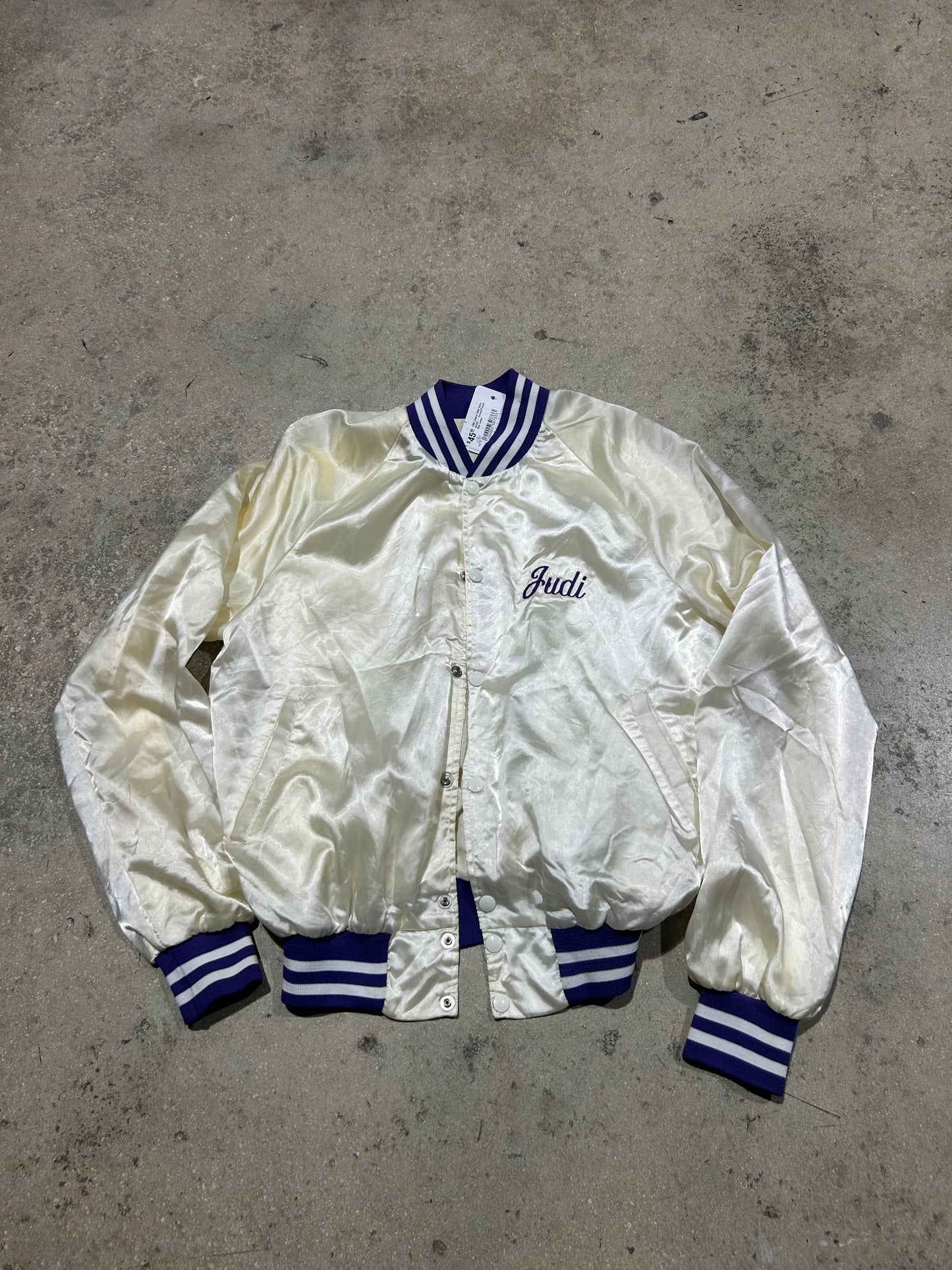1985 Jokers Wild Satin Jacket - Cream/Purple Size Large