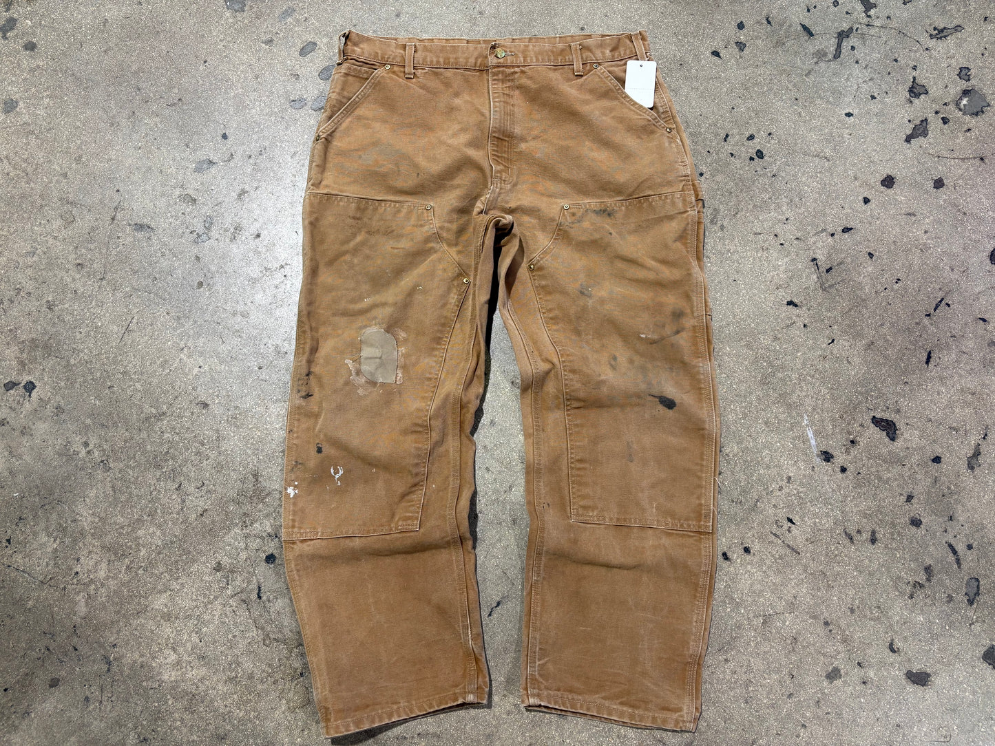 Distressed Carhartt Double Knee Pants - Dark Khaki Size 38x32