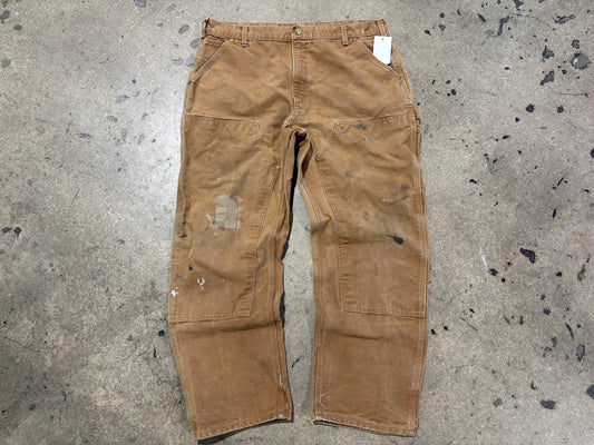 Distressed Carhartt Double Knee Pants - Dark Khaki Size 38x32