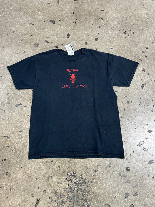 Gods Busy, Can I help You Devil Tee - Black Size Medium