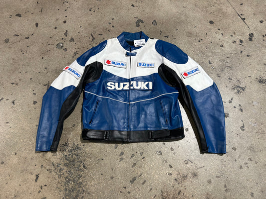 Suzuki Motorcycle Leather Jacket - Blue/White/Black Size XXL