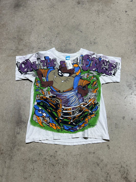 1994 Looney Tunes Taz AOP Rollerblading Tee - White/Multi Size Large
