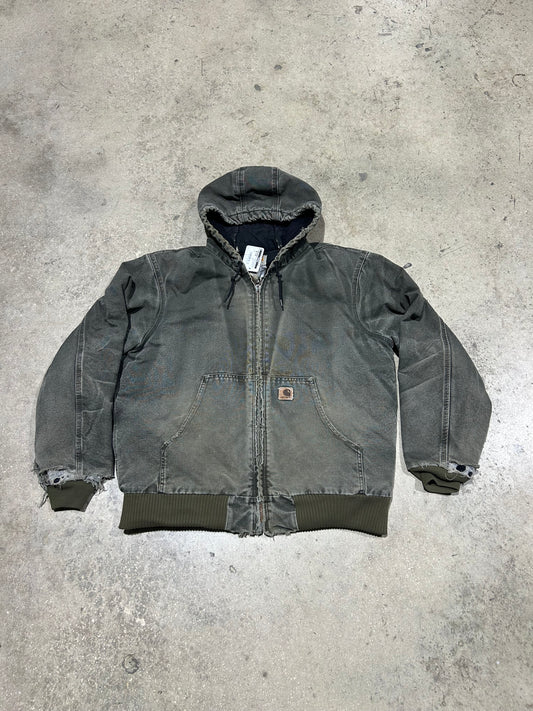 Distressed/Thrashed Carhartt Hooded Jacket - Faded Olive Size Large