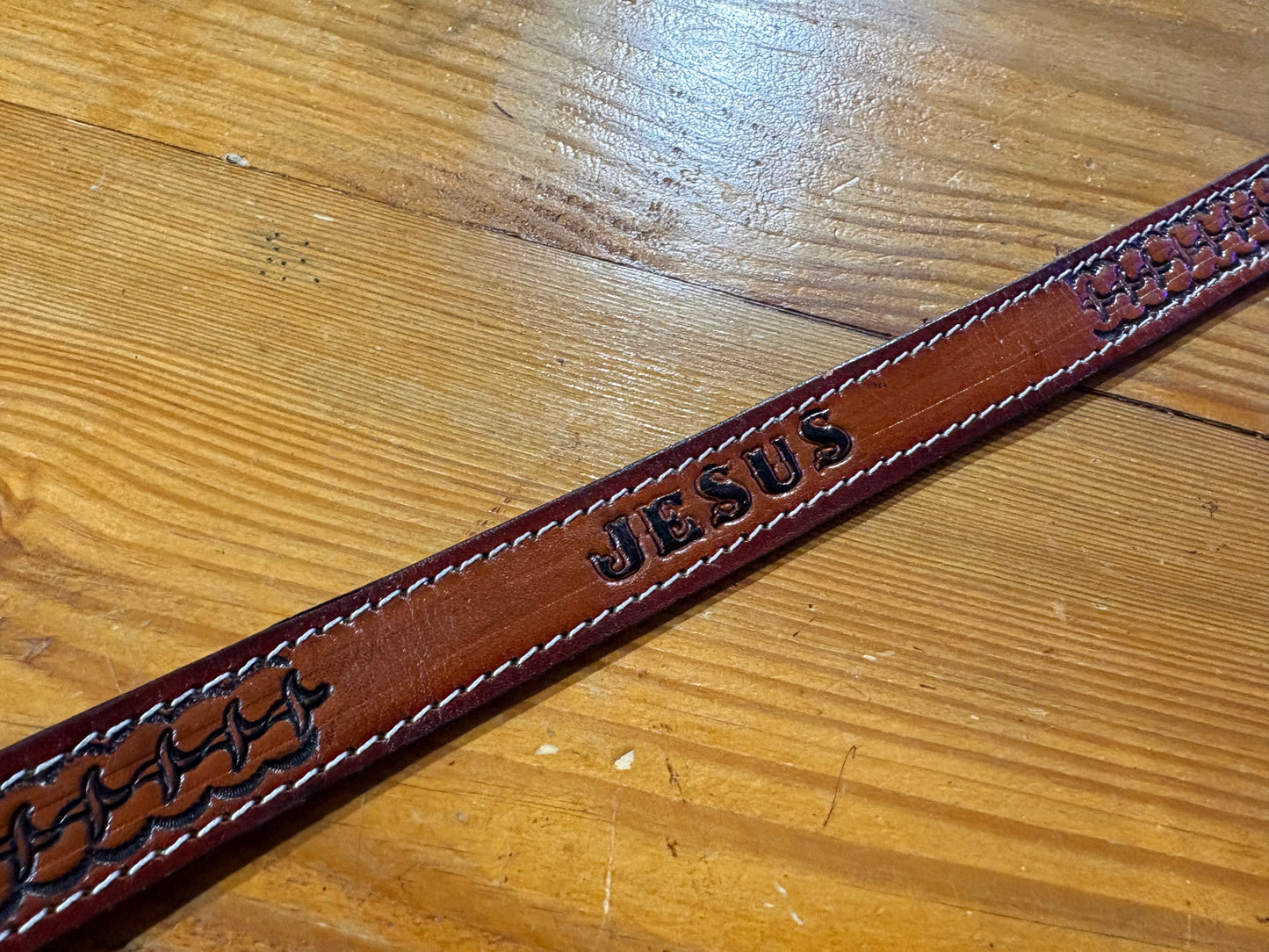 Patterned Jesus Leather  Belt - Brown Size 40