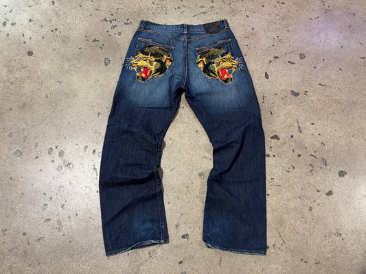 Ed Hardy Panther Embroidery  Denim Jeans - Blue Size 38 x 34