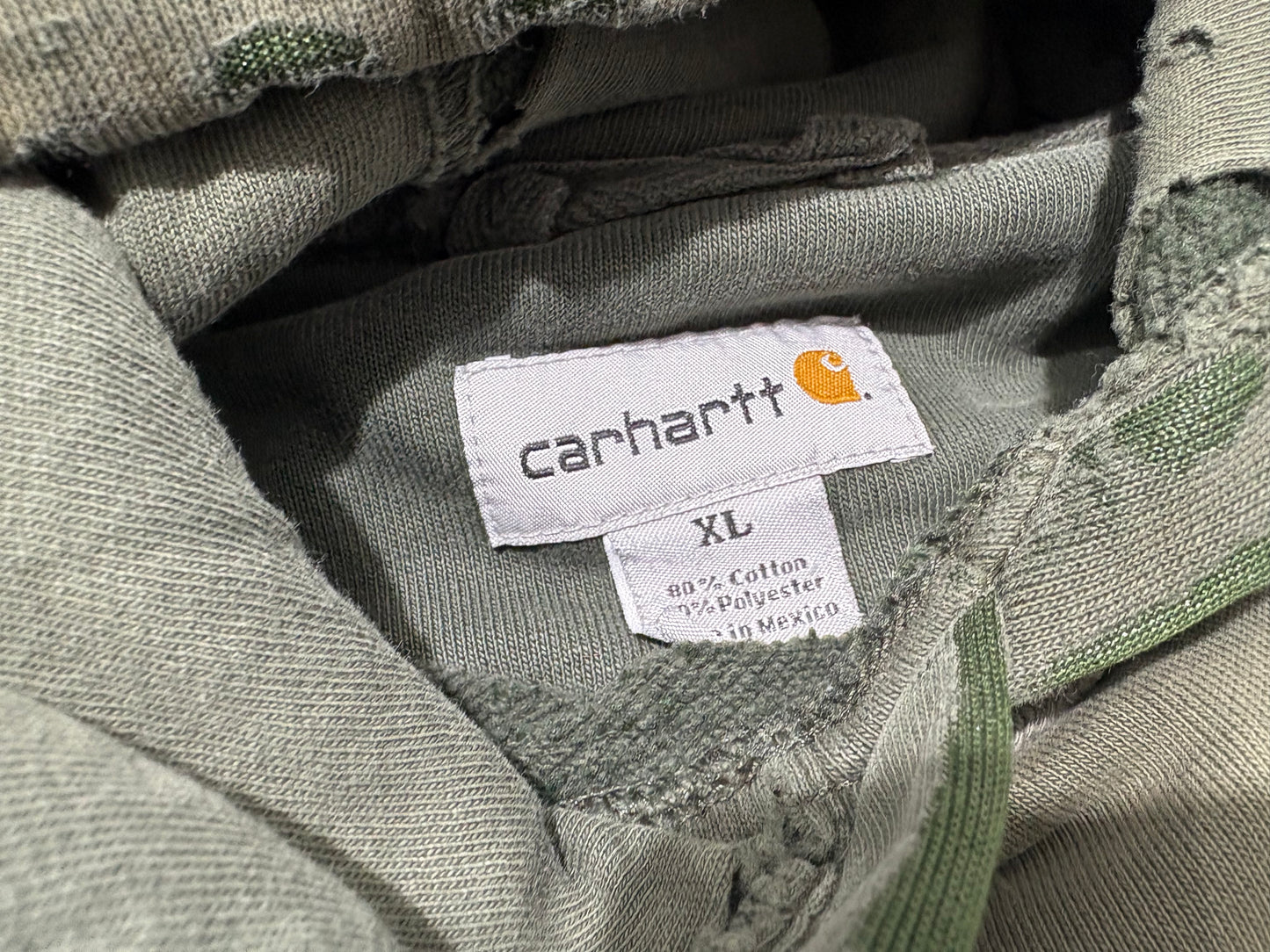Distressed Carhartt Pull Over Hoodie - Faded Olive Size XL