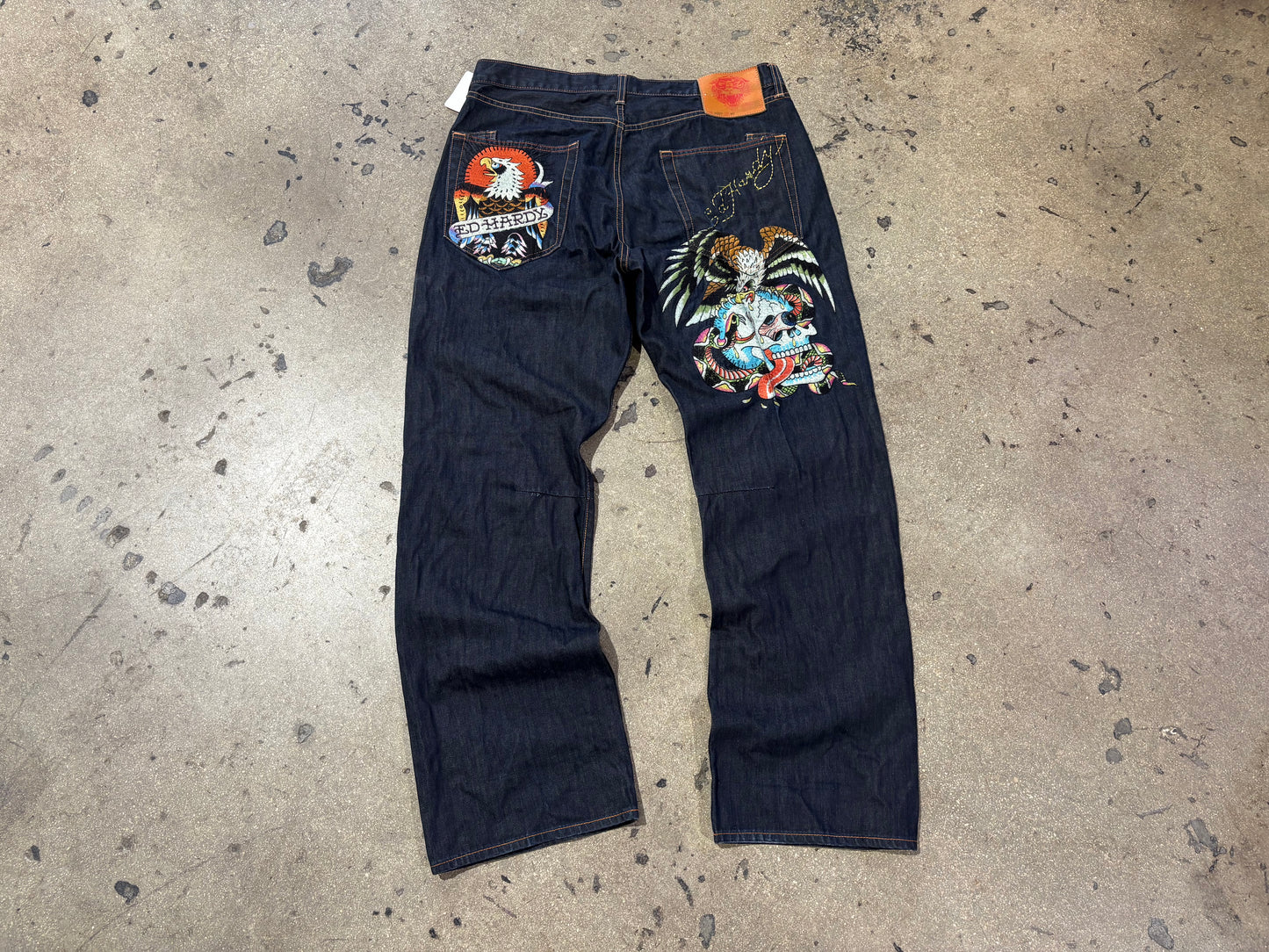 Ed Hardy Embroidered Skull & Eagle Denim Jeans - Dark Blue Size 40 x 34