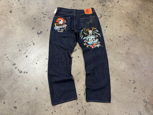 Ed Hardy Embroidered Skull & Eagle Denim Jeans - Dark Blue Size 40 x 34