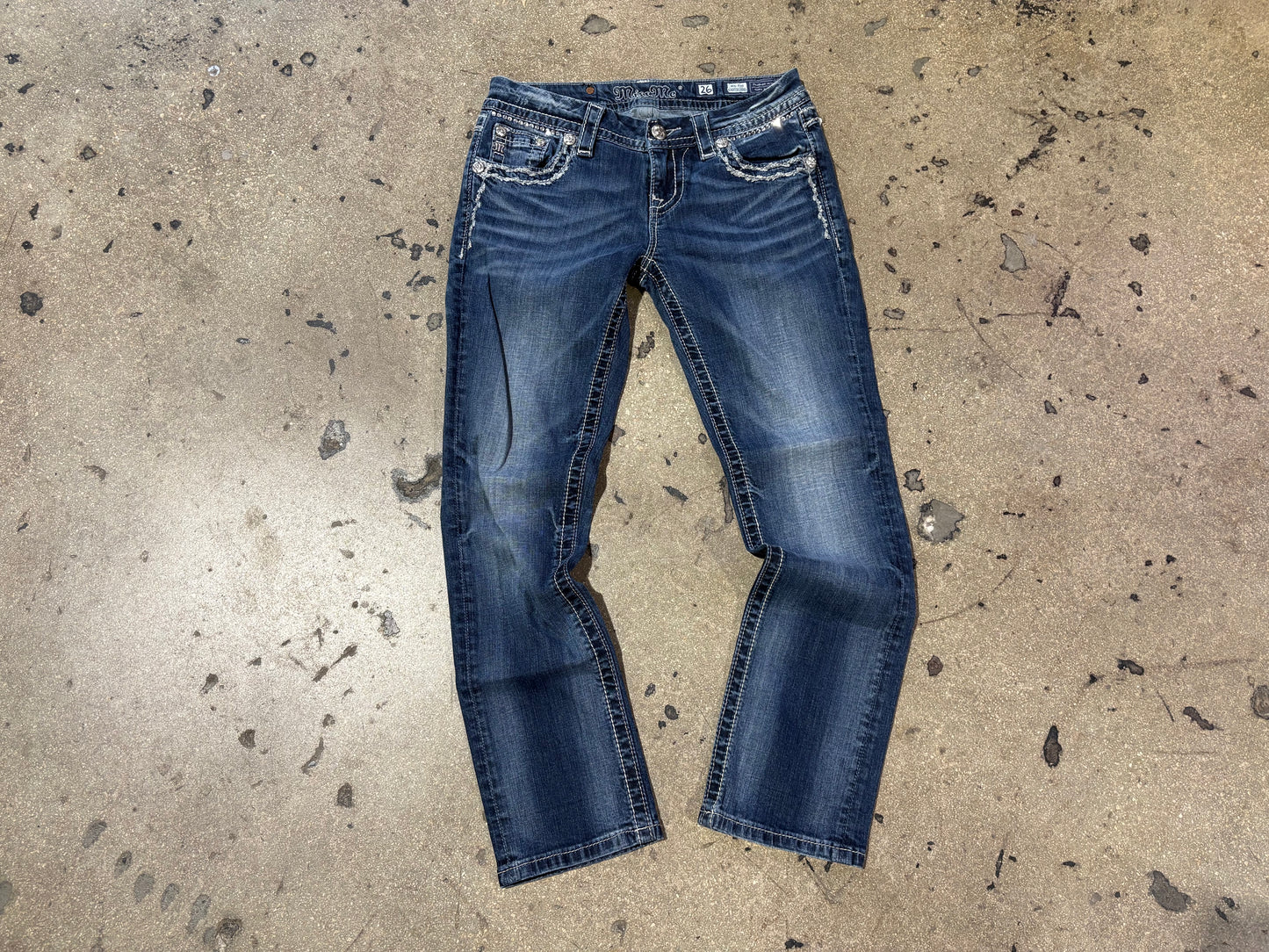 Miss Me Feather Stitch Easy Cropped Mid Rise Jeans  - Blue Size 26