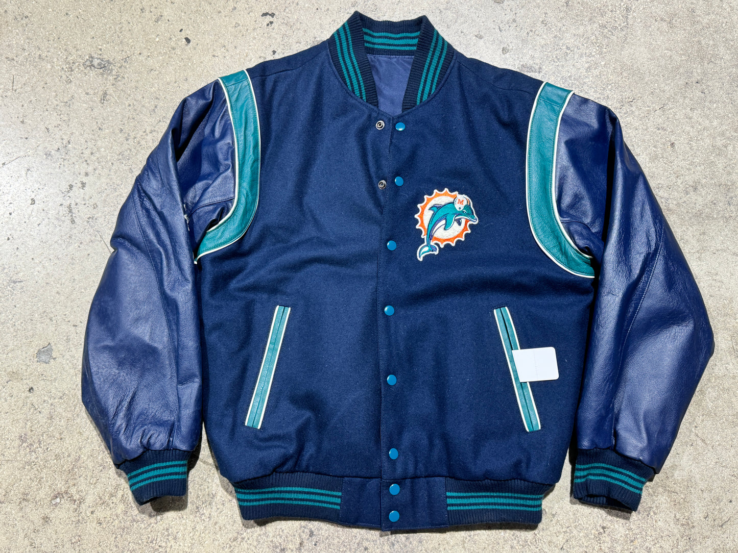 Miami Dolphins Reversible Varsity Leather Sleeve Jacket - Navy Size Medium