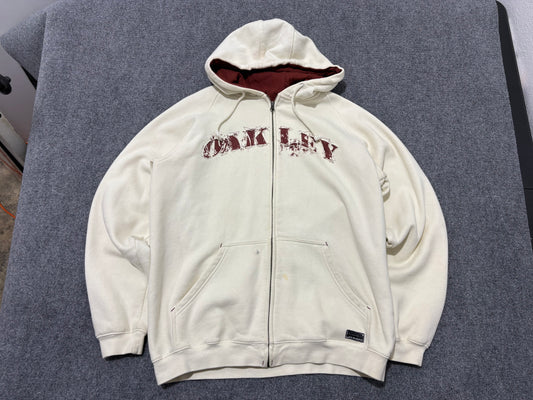 Oakley Spell Out Zip Up Hoodie - Cream / Red Size Large