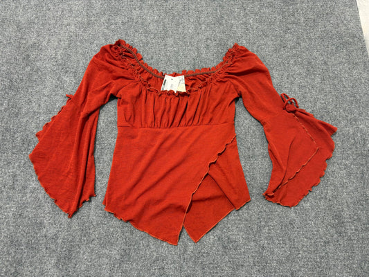 Ruffle Flared Long Sleeve Top - Rusty Red Size Medium