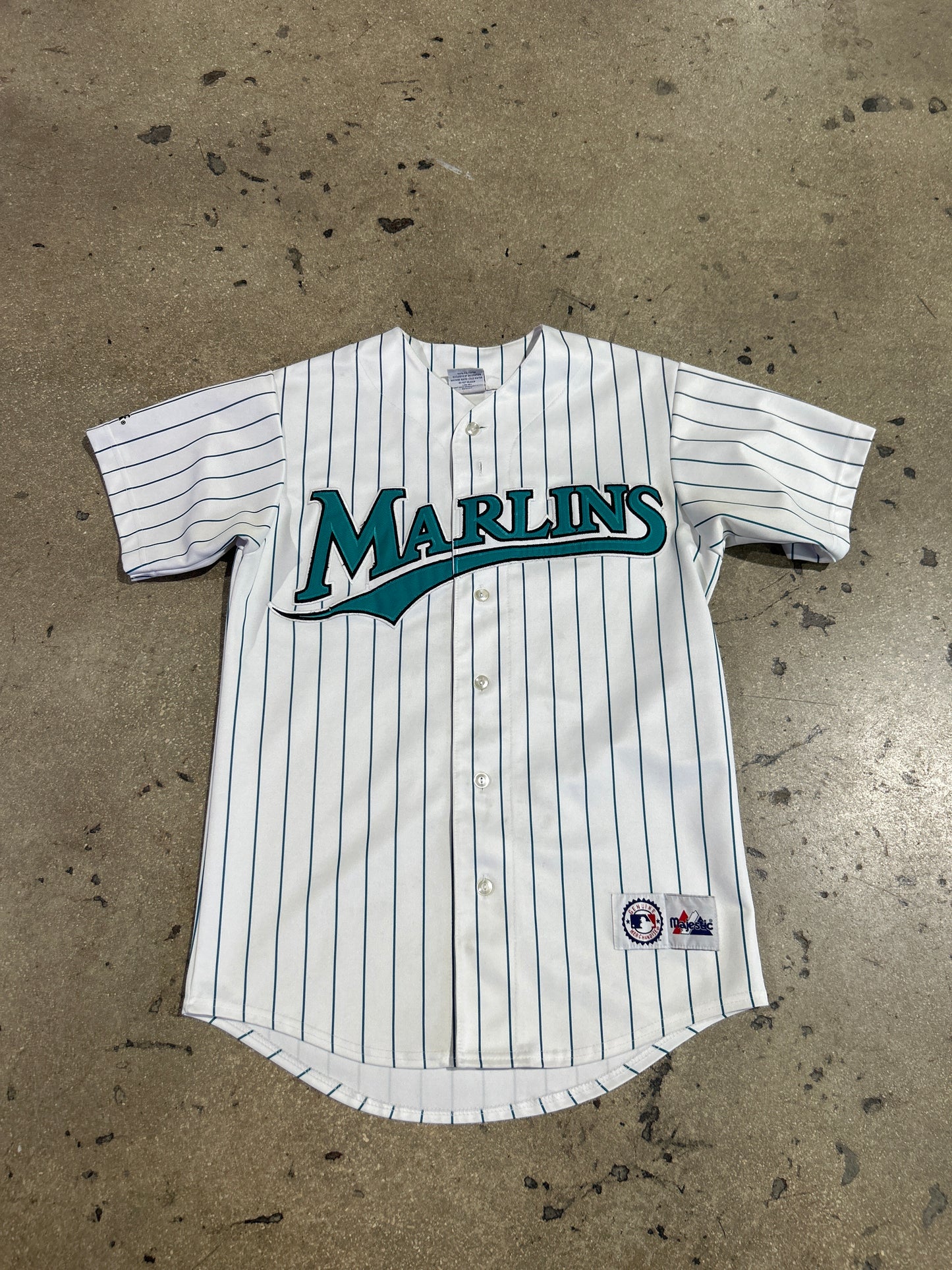 Majestic Florida Marlins Pinstripe Jersey - White/Teal Size Medium (CON)
