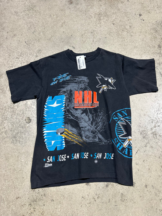 90s Salem San Jose Sharks AOP Tee - Faded Black Size Large