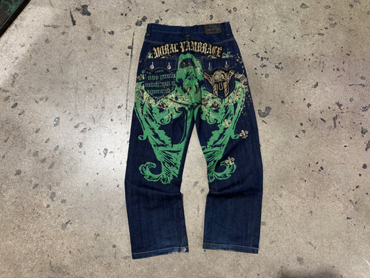 Raw Blue Crazy Glitter Back Hit Denim Jeans - Navy Blue / Green/ Gold Size 32 x32