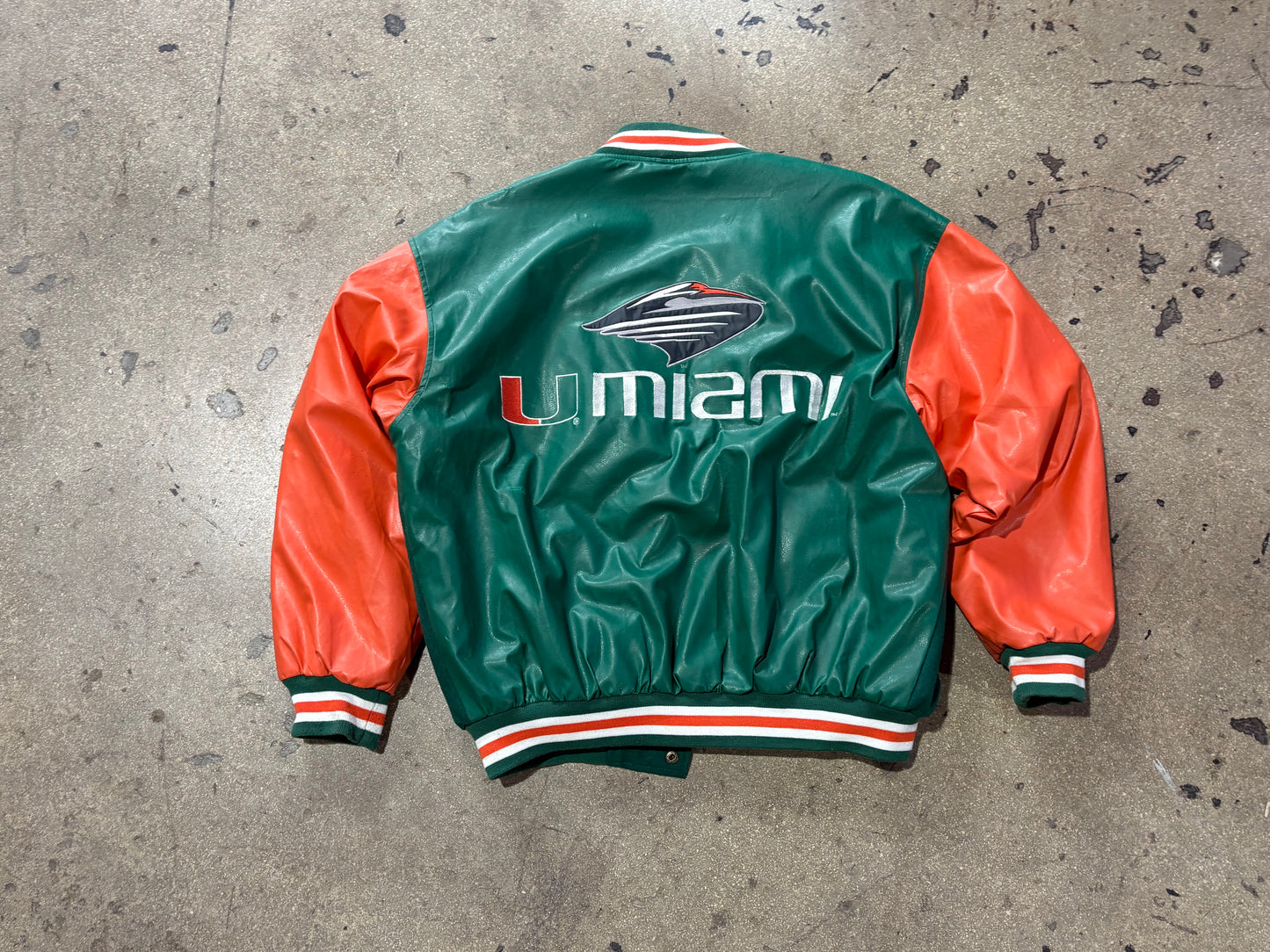 Steve & Barrys Miami Hurricanes Leather Varsity Jacket - Green / Orange Size Large