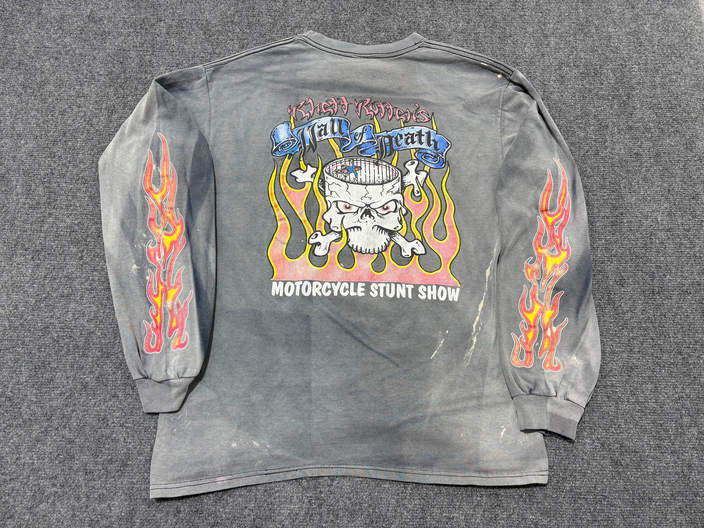 Faded Out Wall Of Death Flames Long Sleeve Tee - Faded Black Size Medium